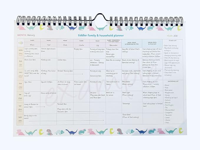 tiddler family & household planner | Undated Weekly Family Organizer / Planner Calendar | Clever Layout in A4 Size (11.7" x 8.3") | Space For 6 People & 1 Years Planning | Packed With Useful Features (Dinky Dinos)