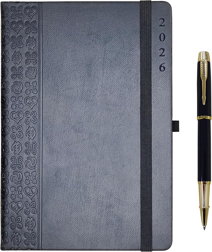 2026 Planner Journal with Yearly, Monthly, Weekly & Daliy Plan Pages, 24 Lined and 24 Dotted Pages, More Functional Pages, 8.5" x 5.75" Medium A5 Size (Black with Pen)