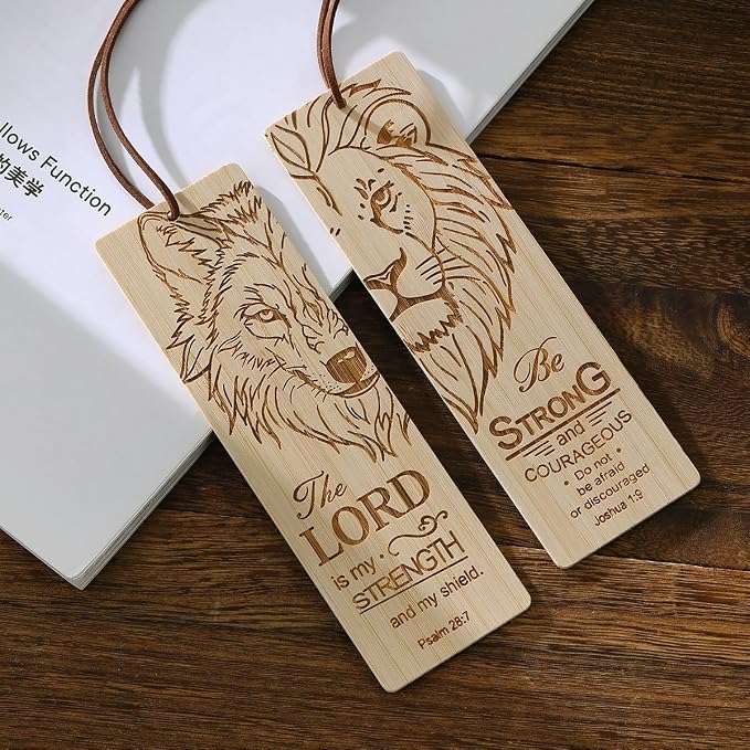 2 Pcs Bible Bookmark Bamboo Bookmarks for Men, Inspirational Christian Religious Gifts for Men Book Marks for Reading Men (Wolf and Lion)
