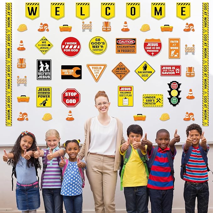 Harloon 67 Pcs Christian Construction Classroom Decorations Religious Welcome Bulletin Boards Cutouts Road Trip Signs for Elementary Preschool Motivational Scripture Construction Supplies VBS Decor