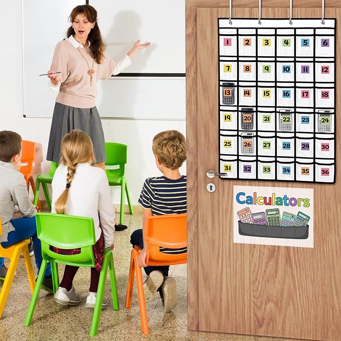 36 Pocket Calculator Holder for Classroom Calculator Storage Organizer over The Door Hanging Storage Rack with Clear PVC Pockets, Number Stickers for Back to School Exam Room