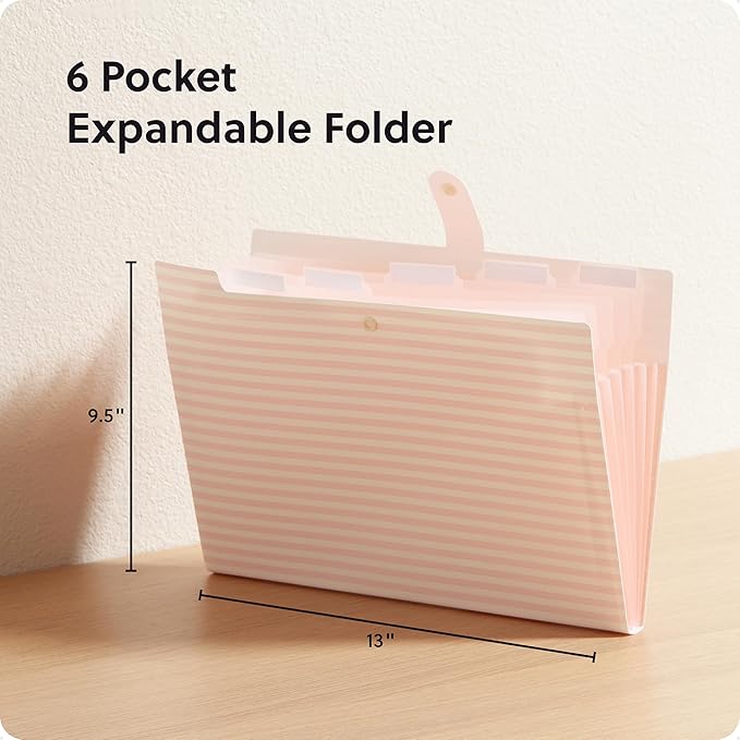 U Brands Poly 6 Pocket Expandable Folder with Tabs, Preppy Pink Stripes, 1 Count, Letter Size, 1/5-cut tabs and 14 Blank Adhesive Labels
