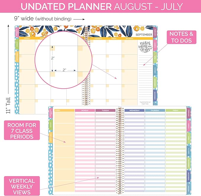 bloom daily planners New Undated Academic Year Teacher Planner & Calendar - 7 Period Lesson Plan Organizer Book with New Frosted Cover (9" x 11") - Learn with Joy