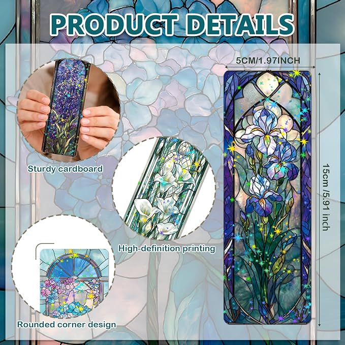 48 Pcs Stained Glass Bookmarks, Colorful Glass Flower Paper Bookmark Bulk for Women Man, Aesthetic Floral Book Mark Gift for Reading Lovers Library Accessories