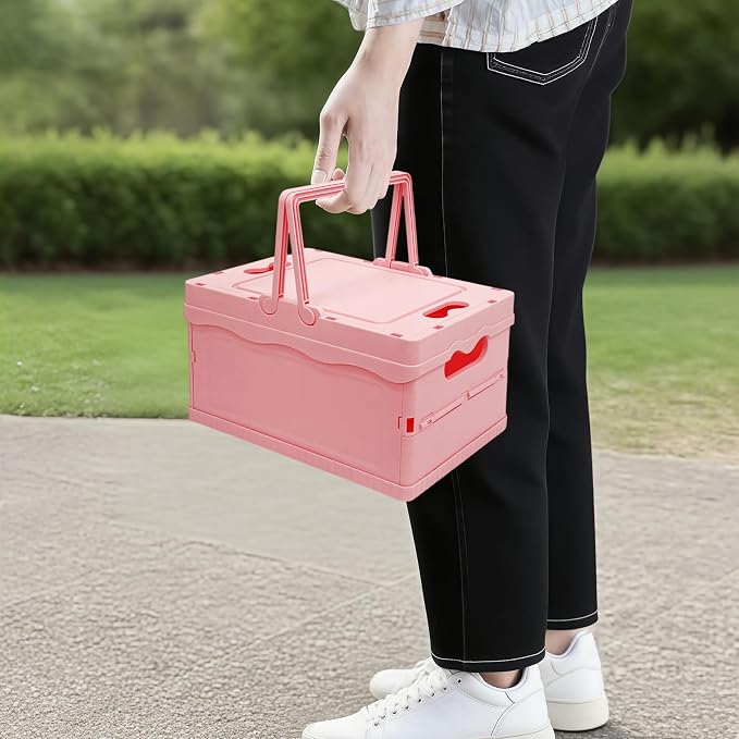 Tixill Small Collapsible Storage Crates, Foldable Plastic Baskets with Lids and Handles for Organizing, Mini Stackable Bins for Home Kitchen Bedroom Bathroom Office (12 * 8 * 7InPink)