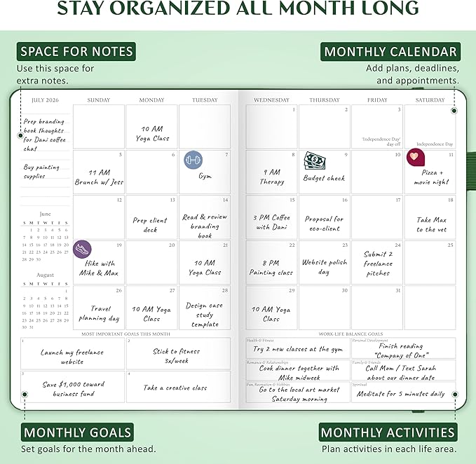 Legend Dated Hourly Weekly Planner 2026 – Daily, Monthly & Yearly Agenda with Time Slots – Hardcover Organizer Journal, 5.8x8.3” (Dark Green)