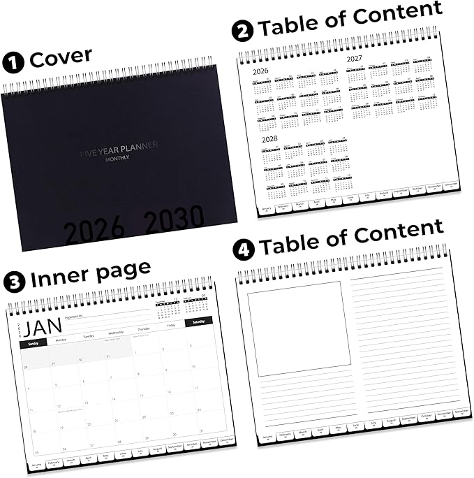 5-Year Calendar Planner, 2026-2030 Monthly Schedule Organizer Flip Calendar Diary with Tabs, Spiral Bound Top, Black, 8 ½” Wide x 11” Long