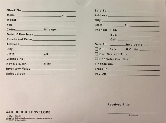 A Plus Car Record Envelope #19 Vehicle Dealer Jackets, 100 Quantity, White (V3)