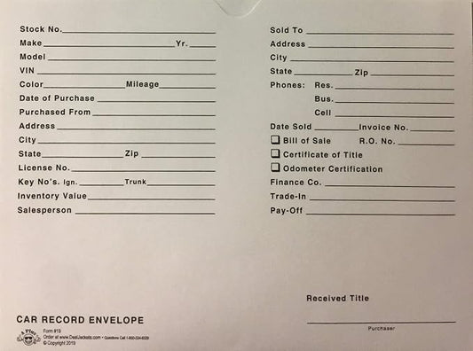 A Plus Car Record Envelope #19 Vehicle Dealer Jackets, 100 Quantity, White (V3)
