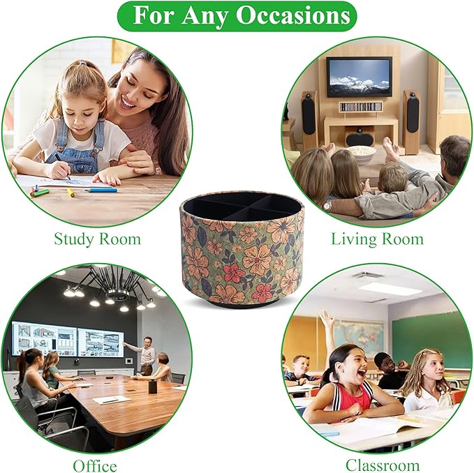 Round Leather Art Supply Organizer,Remote Control Holder,360 Degree Spinning,Multi-Functional Pencil Holder,4 Compartments Desktop Stationary Organizer(1-Wood Leather Green)