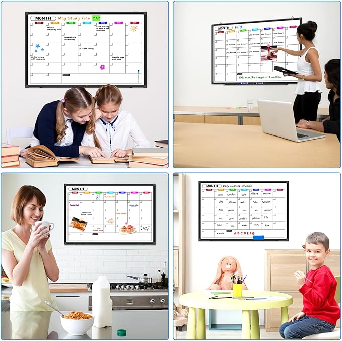 Dry Erase Calendar Whiteboard for Wall 36" x 24", Magnetic Monthly White Board Calendar Dry Erase with Tray, Black Aluminum Frame Bulletin Board for Office Home and School