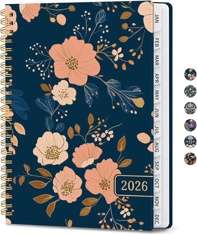 2026 Planner, Weekly and Monthly Planner for Women, Jan 2026 - Dec 2026 Pretty 2026 Calendar Planner with Monthly Tabs, Inner Pocket, Spiral Binding, Perfect for Office Home School - 6.3" x 8.5", Evening Floral