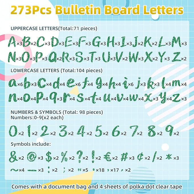 273 Pcs 4 Inch Glitter Bulletin Board Letters Set - Poster Board Letter Cutouts with Alphabet, Symbols, Numbers, Storage Bag - Classroom Decor, DIY Projects, Teacher Supplies, Office (Green)