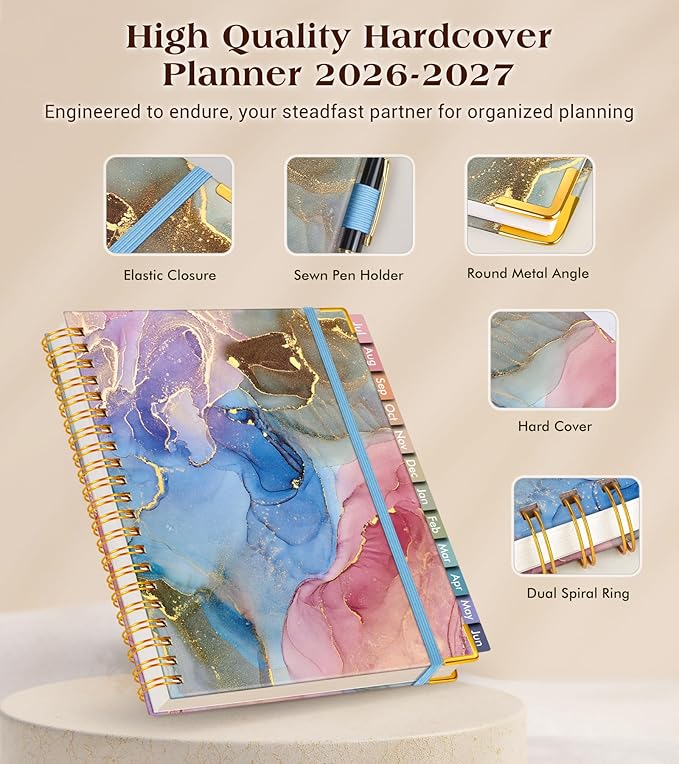 Academic Planner 2026-2027, Hardcover Weekly and Monthly Calendar Planner from July 2026 - June 2027, 6.1" x 8.2" A5 Daily Agenda with Tabs, College School Organizer for Student Teacher, Vibrant Watercolor