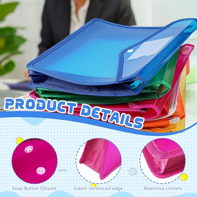 4 Pack A4 Expanding Plastic File Folders Waterproof Document Organizer with Snap Button Multiple Pockets, Office Home Office Storage (Rose Red)