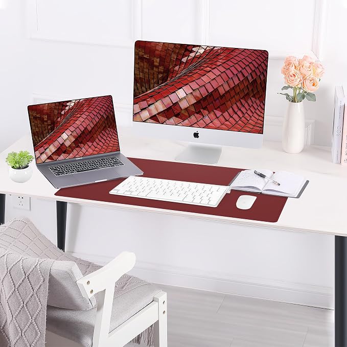 AFIING Leather Desk Pad Protector, 23.6" x 13.7", Red | Large Mouse Pad, Dual-Sided PU Leather & Natural Cork, Non-Slip, Waterproof, For Office and Home