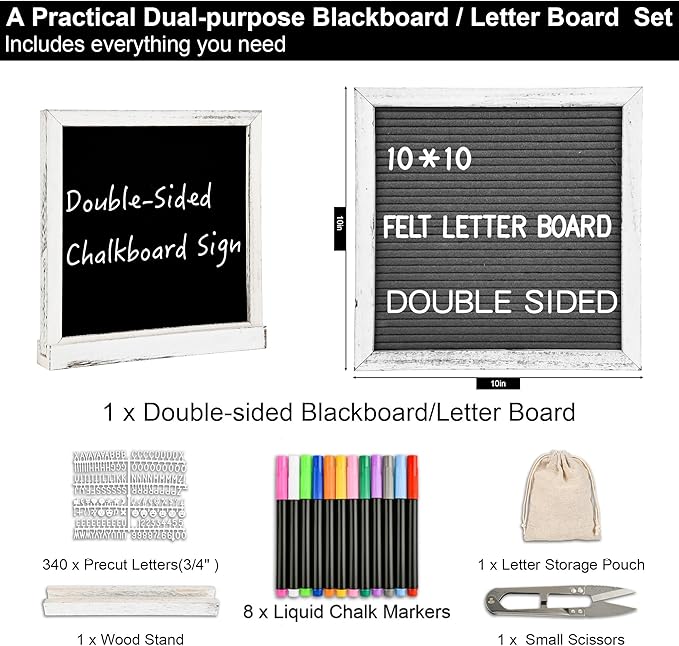 10" x 10" Double Sided Chalkboard Sign with Stand, Small Chalk Board Blackboard Wood Frame Felt Letter Board with 12 Chalk Markers and 340 Letters (White)