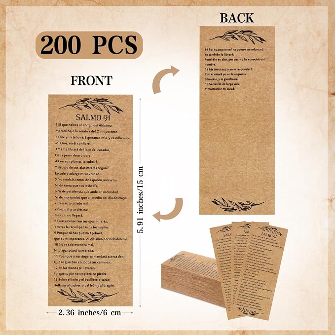 Skyygemm 200 Pcs Psalm 91 Bookmarks Bulk Clergy Appreciation Gift Christian Bible Scripture Kraft Paper Prayer Card Religious Verse Inspirational Sunday School Teacher Gift for Church Pastor (Spanish)