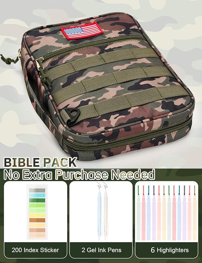 4 PCS Tactical Bible Cover for Men - Bible Bag for Men with Shoulder Strap - Washable Padded Bible Case with Carry Handle- Christian Gift for Men Bible Case for Church, Study, Spiritual
