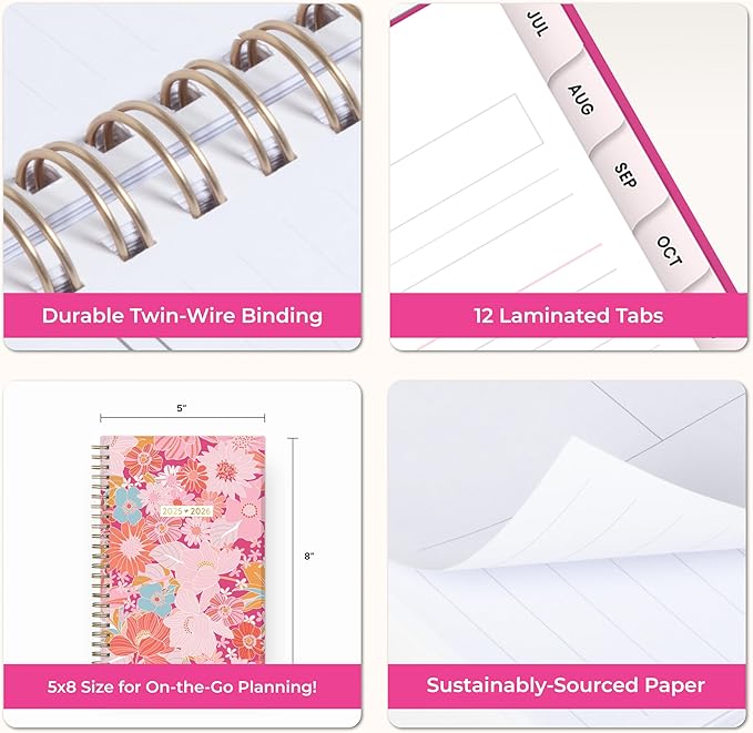 Blue Sky Color Me Courtney 2025-2026 Weekly and Monthly Academic Year Planner Calendar, July 2025 - June 2026, 5" x 8", Flexible Cover, Wirebound, Laminated Tabs, Storage Pocket, Bloom Pink