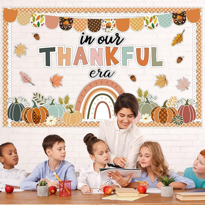 Thanksgiving Pumpkin Bulletin Board Decorations Fall Classroom Decors Leaves Pumpkin Rainbow Paper Thankful Cutouts for Class School Autumn Harvest Chalkboard Wall Decor Supplies
