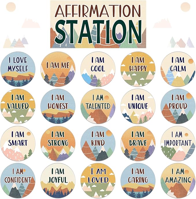Mountains Affirmation Station Bulletin Board Set Positive Bulletin Board for Classroom Growth Mindset Decoration Inspirational Motivational Accent Cutouts for Home School Teacher Wall Mirror Supply