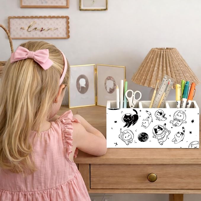 Space Cat Desk Organizer Wooden Pen Pencil Holder for Desk, 3 Compartments Office Accessories, Cute Astronaut Cat Decor, Funny Cat Lover Gifts for Women Kids Home Office Storage