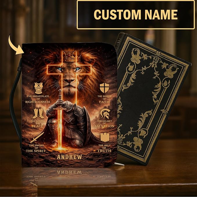 Personalized Man of God Bible Cover for Men, Christian PU Leather Bible Case with Handle Zipper, God Says I Am Warrior Scripture Bible Holder, Religious Gift for Men (Warrior Lion)