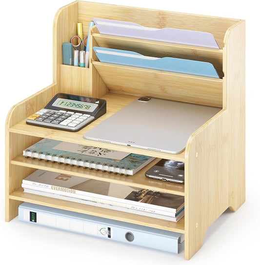 Desk File Organizer - 6-Tier Desktop Mail Letter Tray Paper Document Organizer with Pen Holder for Home Office Supplies, Office Desk Accessories & Workspace (Nature)
