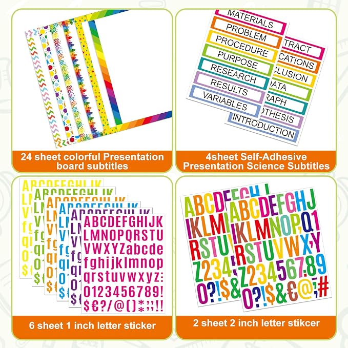 PerKoop 36 Sheets Science Fair Board Poster Boards Supplies 24 Self Adhesive Presentation Subtitles 4 Science Fair Project Titles 8 Personalized Letter Sticker for Classroom(Rainbow Color)