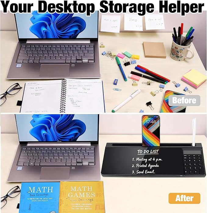 Glass Desktop Whiteboard with Calculator & Storage, Desk Dry Erase Note Memo Board, Compact Desk Organizer for Desk, Home, Study, Office, Back to School Supplies, Black, 2026