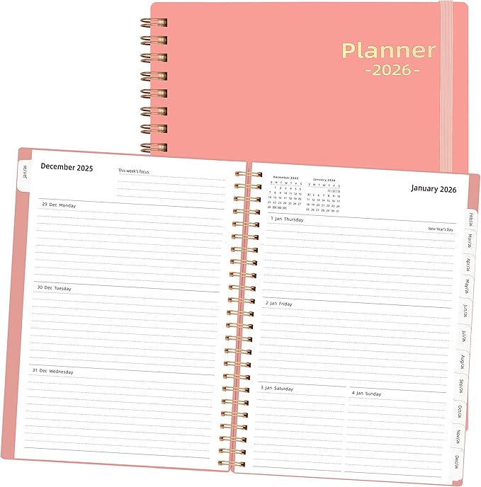 2026 Day Planner, Jan.2026-Dec.2026, 6.2" x 8.4", 2026 Planner Weekly and Monthly, 2026 Agenda Planner with Tabs & Pocket, 100GSM Thick Paper, Pink