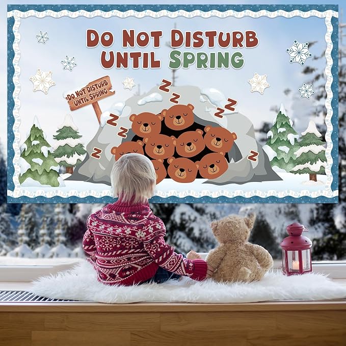 Winter Bulletin Board Decorations Hibernating Bear Paper Cutouts for DIY Photo Do Not Disturb Until Spring Snowflake Bulletin Board Set for Christmas School Chalkboard Wall Window Decoration Favor