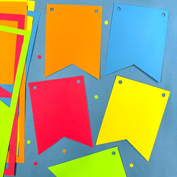 80 pcs Paper DIY Banner Flags Bright Pennant Banners, Large (3.75 x 5 in), US Made Card Stock Punch Out Blank Pennants for Party Decorations, Kids Birthdays, Classroom, Celebration, Festive Parties