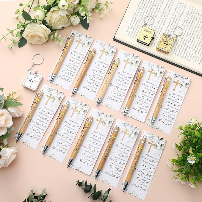 50 Sets Christian Religious Gifts Bulk Mothers Day Bible Verse Bamboo Pens and Christian Bookmarks Father's Day Inspirational Gifts for Teacher Church Bible Members VBS Women Coworker