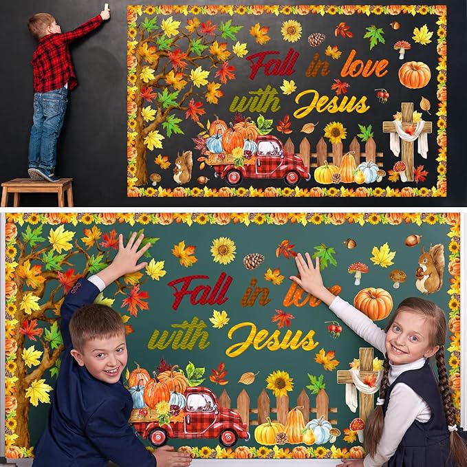 AmazingSpark 99 Pcs Fall Tree Bulletin Board Decorations with 300 Pcs Glue Points Autumn Thanksgiving Maple Leaves Pumpkin Acorns Cutouts Autumn Harvest Cutouts for School Classroom Wall Decoration