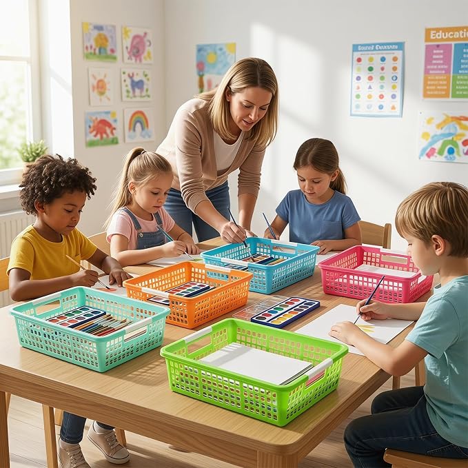 6 PCS Plastic Classroom Turn in Paper Trays Storage Bin Basket Organizers Holds 4A Paper File for School Teacher Supplies Classroom Office Home Organization and Storage Tray (Bright)