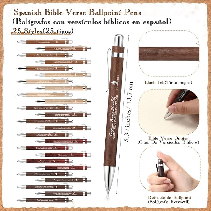 Feifeiya 25 Sets Father's Day Christian Gift Bulk Bible Verse Bamboo Pen Religious Silicone Keychain Scripture Bookmark Emergency Numbers Church Gift for Coworker Women Men(Fresh Color,Spanish)