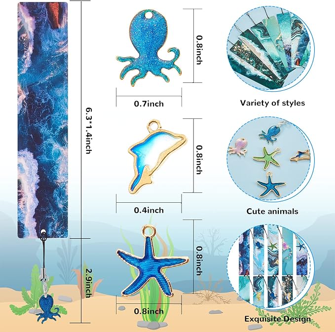 Nezyo 10 Pieces Ocean Bookmarks Page Markers with 10 Multi Ocean Marine Animal Pendants for Students Teachers School Classroom Reading Favor