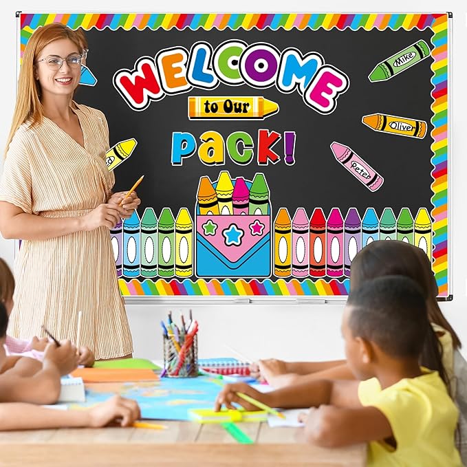 Justforjoyful Welcome to Our Pack Bulletin Board Decorations Back to School Crayon Theme Classroom Bulletin Board Border Set Colorful Crayons Name Tags for School Teacher Supplies Home Wall Decor