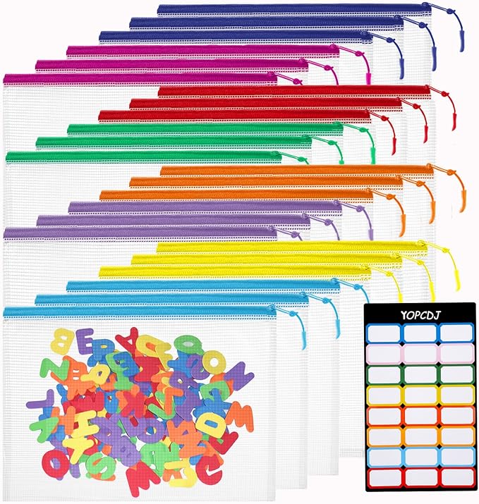 YOPCDJ 24pcs Mesh Zipper Pouch Bags, A5 9.4 x 6.9 Inches Reusable Zipper Bags Puzzle Storage Organizer 8 Colors Multipurpose for Travel Board Games Office Supplies and Home Organization