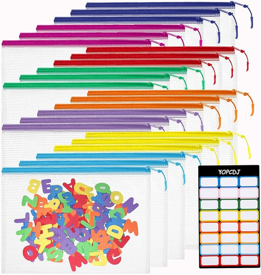 YOPCDJ 24pcs Mesh Zipper Pouch Bags, A5 9.4 x 6.9 Inches Reusable Zipper Bags Puzzle Storage Organizer 8 Colors Multipurpose for Travel Board Games Office Supplies and Home Organization