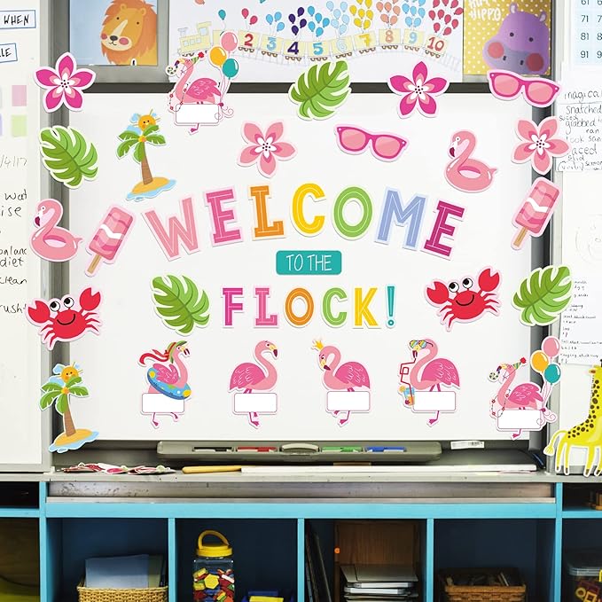 Whaline 59Pcs Flamingo Bulletin Board Decor Tropical Pink Flamingo Classroom Decor Summer Beach Back to School Decoration Welcome to The Flock Cutouts for Hawaiian Luau Party School Classroom