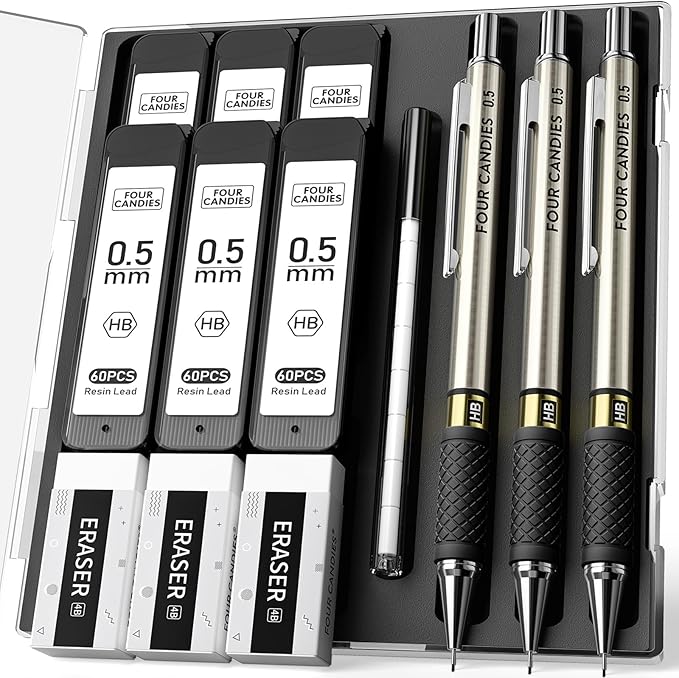 3PCS Metal Mechanical Pencil Set with 0.5 mm Fine Point, 360 Leads, 12 Erasers, Art Mechanical Pencils Pack with Storage Case for School Writing, Sketching, Drawing & Professional Drafting