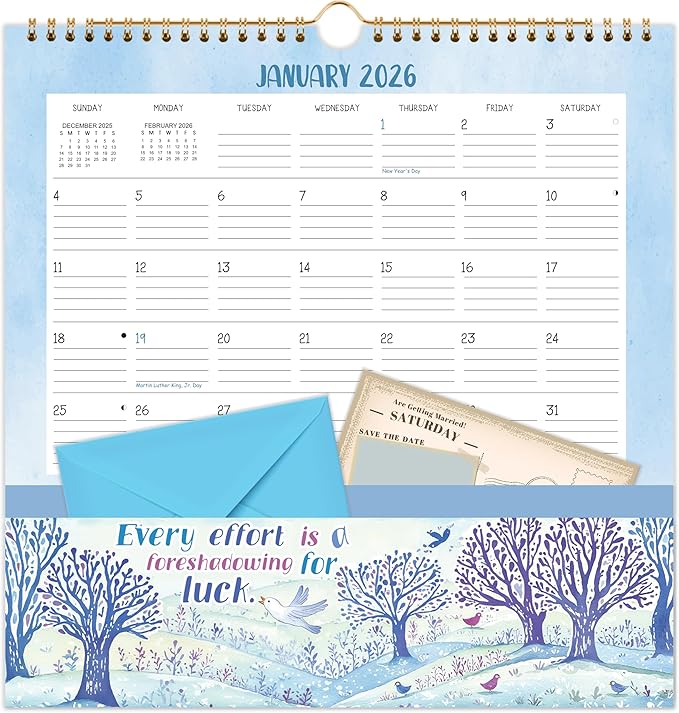 2026 Wall Calendar - 2026 Calendar with Pockets, 12" x 12", Jan. 2026 - Dec. 2026, with Ample Ruled Space, Holidays, 2-Sided Pockets, 12 Seasonal Calendar 2026, Great for Home & Office