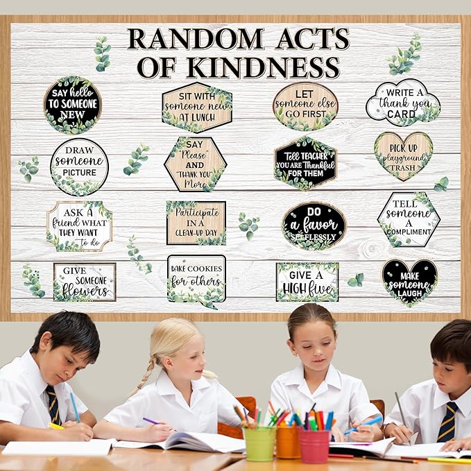 QOUBAI Greenery Random Acts of Kindness Bulletin Board Set Eucalyptus Classroom Bulletin Board Decorations Kindness Challenge Cutouts Classroom Decorations for Back to School Office Chalkboard Decor