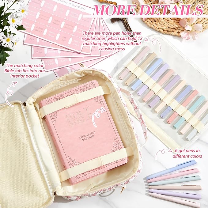 Sinload Quilted Bible Cover Case for Women 12 x 9 x 2.5 Inch Bible Chenille Letter Bag with Shoulder Strap Carrying Tabs 6 Colored Pens 12 Highlighters Christian Church Study Gifts(Dark Pink,Bow)
