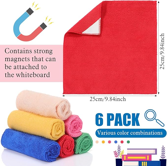 Fanfanwin 6 Pack Magnetic Microfiber Cleaning Cloth, Colorful Whiteboard Dry Erase, Magnetism Whiteboard Eraser for Blackboards Classroom Chalkboards Washable Home Office 10'' x 10''(Murphys Color)