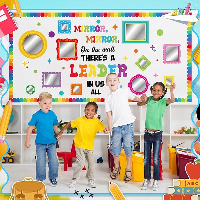 Honoson 59 Pcs Motivational Bulletin Board Set Mirror Mirror on The Wall There's a Leader in Us All Bulletin Board Cutouts Affirmation Station Classroom Decorations for School Classroom Wall Supplies