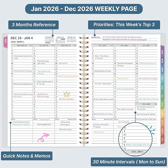 2026 Appointment Book, 30 Minutes-Hourly, Weekly ＆ Monthly Calendar Planner 2026, Jan 2026 - Dec 2026, 6.2'' x 8.4'', 2026 Daily Planner with Tabs ＆Pocket, Flexible Cover, Great for Office, Home, School